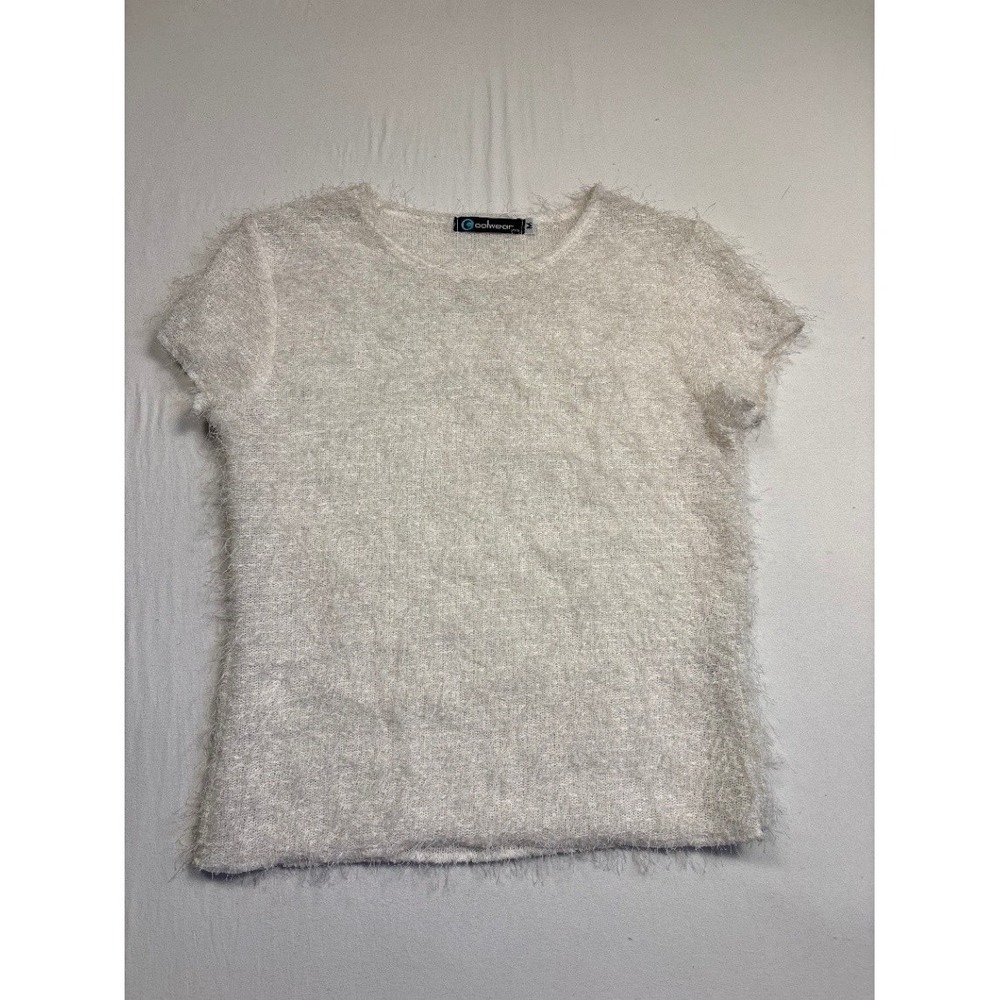 Coolwear Womens Fuzzy Eyelash Knit Top Short Sleeve Ivory Cream M Medium